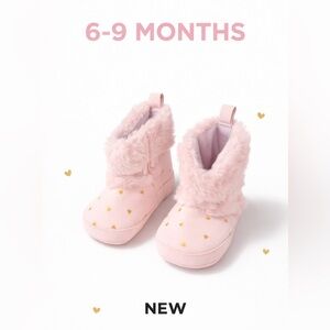 Pink Baby Booties Faux Fur Gold Heart Print 6-9 Months New